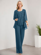 Zweiteiliger Jumpsuit/Hosenanzug, bodenlanges Chiffon-Kleid mit Spitze und Pailletten für die Mutter der Braut