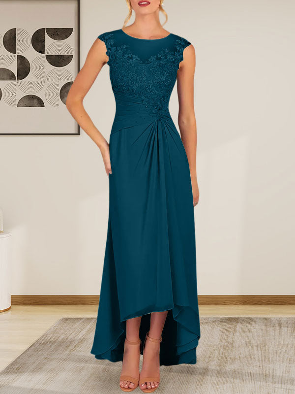 Vestido de gasa con encaje y escote redondo en forma de A color champán