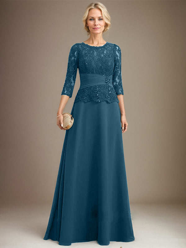 A-Linien-Kleid mit U-Boot-Ausschnitt, Illusion-Detail, bodenlang, aus Chiffonspitze, mit plissierten Pailletten und Perlenstickerei für die Mutter der Braut. 