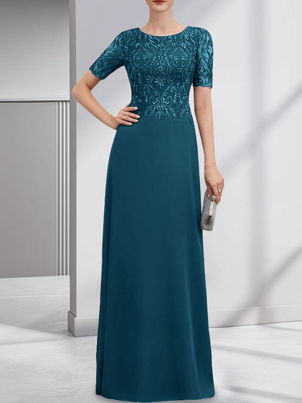 A-Linien-Kleid aus Chiffon mit Pailletten und Rundhalsausschnitt, bodenlang, für die Mutter der Braut