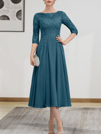 A-Linien-Kleid mit U-Boot-Ausschnitt, Illusion-Detail, Teelänge, Chiffonspitze, Perlenstickerei und Pailletten für die Mutter der Braut