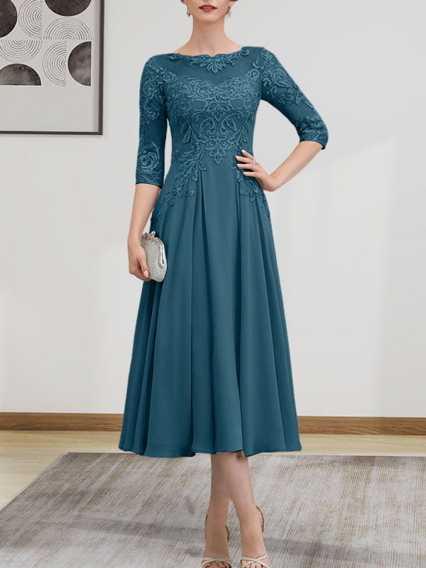 A-Linien-Kleid mit U-Boot-Ausschnitt, Illusion-Detail, Teelänge, Chiffonspitze, Perlenstickerei und Pailletten für die Mutter der Braut