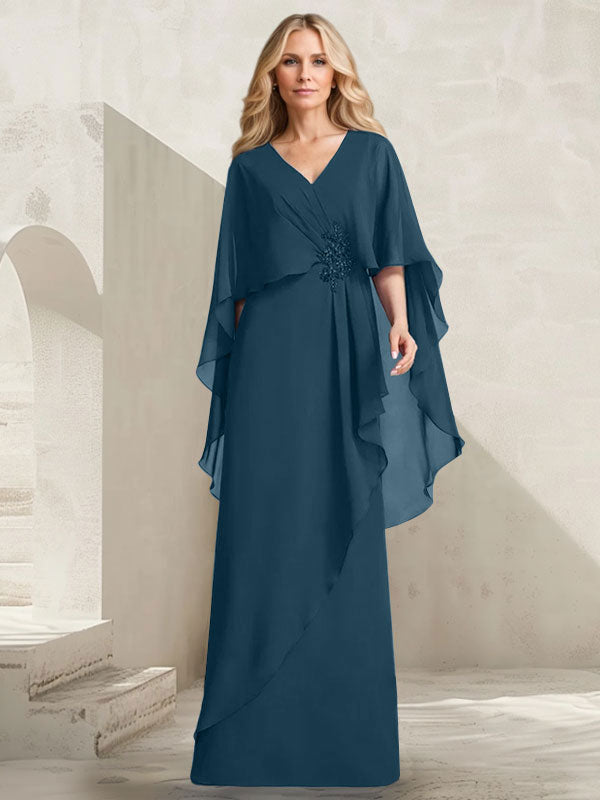 A-Linien-Kleid aus Chiffon mit V-Ausschnitt, bodenlang, mit Kaskadenrüschen und Perlenstickerei für die Mutter der Braut. 