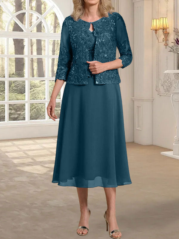 Vestido de gasa con encaje y lentejuelas para madre de la novia, corte A, escote redondo y largo hasta la rodilla 