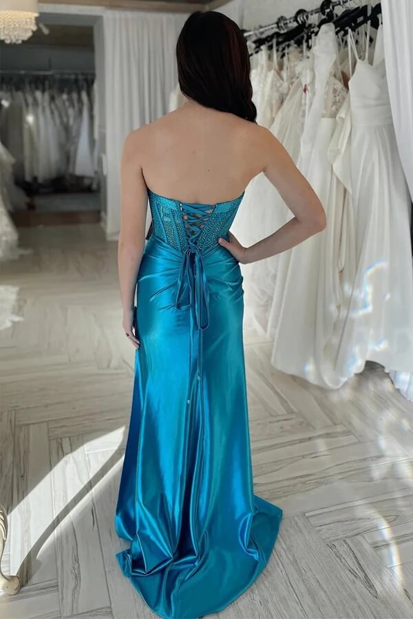 Türkis Scheide Seide Satin Perlen Trägerlos Ballkleider mit Schlitz Partykleid
