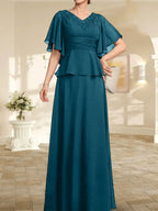 Vestido de gasa para madre de la novia, corte A, escote en V, largo hasta el suelo, con cuentas plisadas