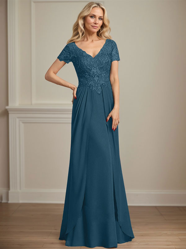 Vestido de gasa con encaje y escote en V hasta el suelo para madre de la novia