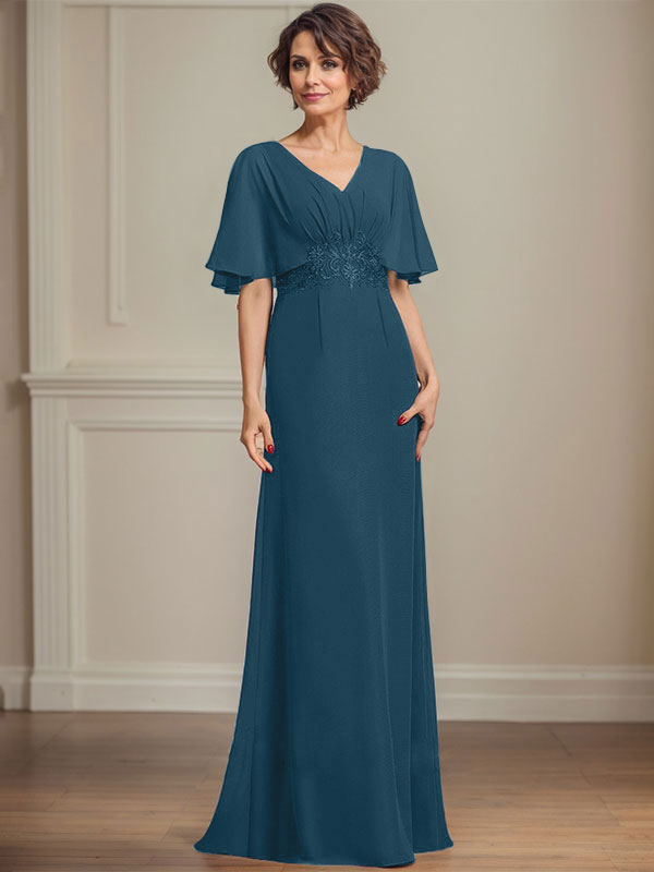 A-Linien-Kleid aus Chiffon mit V-Ausschnitt, bodenlang, für die Mutter der Braut, mit plissierten Paillettenapplikationen und Spitze