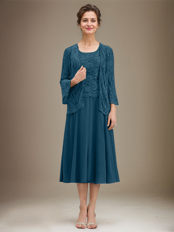 Vestido de gasa con encaje y lentejuelas para madre de la novia, corte A, escote redondo y largo hasta la rodilla 
