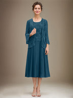 Vestido de gasa con encaje y lentejuelas para madre de la novia, corte A, escote redondo y largo hasta la rodilla 