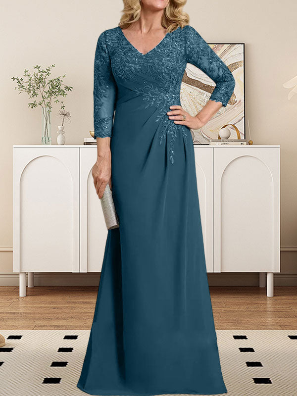 Vestido de madre de la novia de gasa con encaje, escote en V, ilusión, largo hasta el suelo, con lentejuelas plisadas 