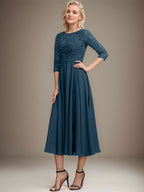 A-Linien-Kleid mit Rundhalsausschnitt, Teelänge, Spitze, Chiffon, Pailletten, für die Mutter der Braut