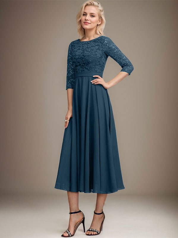 Vestido de gasa con encaje y lentejuelas para madre de la novia, corte A, escote redondo y largo hasta la rodilla