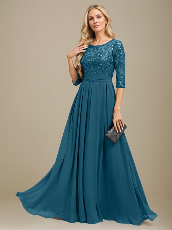A-Linien-Kleid aus Chiffon mit Paillettenapplikationen und Rundhalsausschnitt, bodenlang, für die Mutter der Braut 