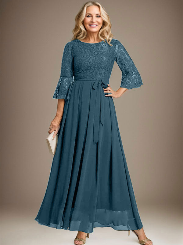 A-Linien-Kleid aus Chiffon mit Rundhalsausschnitt und Schleife, knöchellang, für die Mutter der Braut
