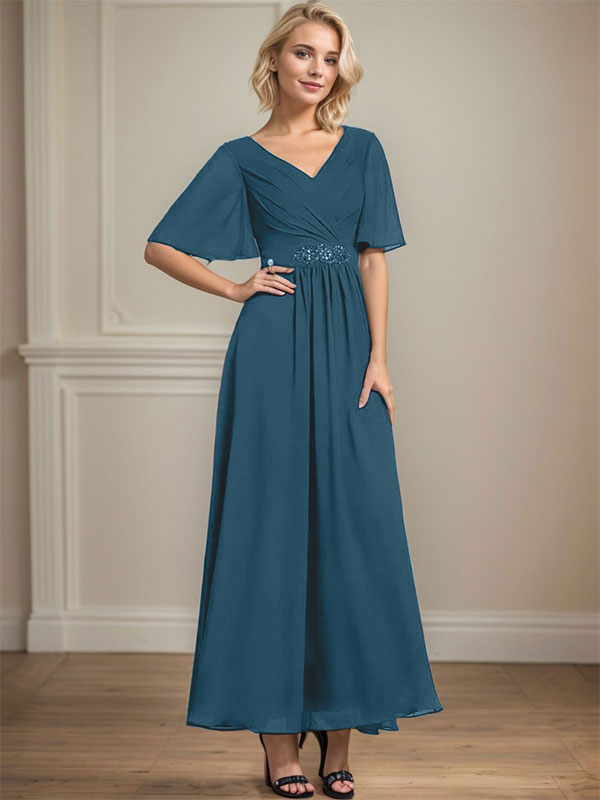 A-Linien-Chiffonkleid mit V-Ausschnitt, Knöchellänge, plissierten Pailletten und Perlenstickerei für die Mutter der Braut