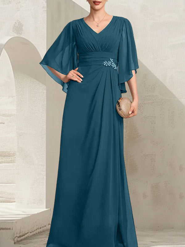 Vestido de gasa para madre de la novia, con escote en V, largo hasta el suelo, con lentejuelas plisadas y abalorios.