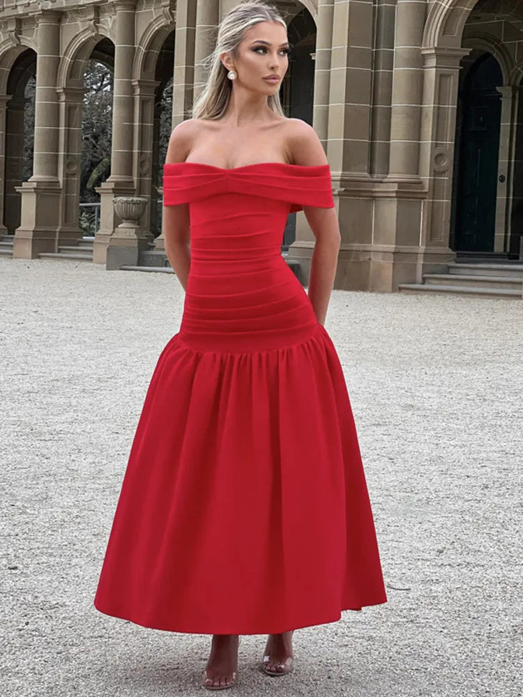 Elegante vestido maxi plisado de fiesta en forma de A
