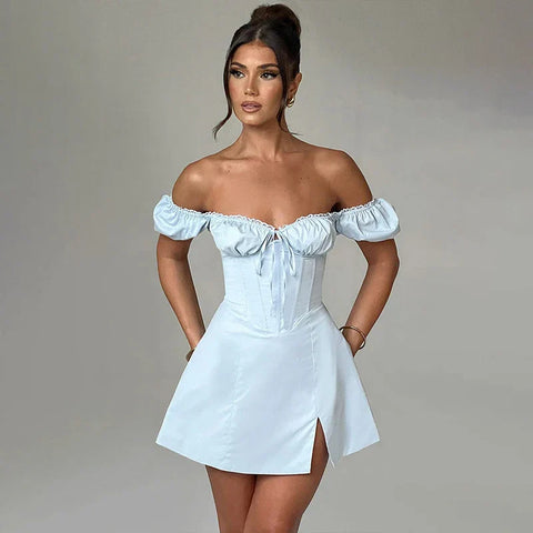 Vestido de vacaciones cruzado en la cintura, corte A, hombros descubiertos