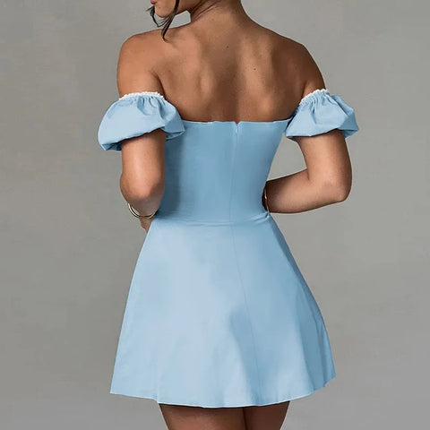 Vestido de vacaciones cruzado en la cintura, corte A, hombros descubiertos