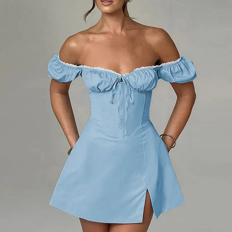 Vestido de vacaciones cruzado en la cintura, corte A, hombros descubiertos