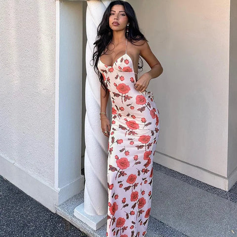 Vestido maxi ajustado de vacaciones con estampado floral