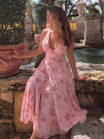 Vestido vacacional de corte A con cintura cruzada y estampado floral