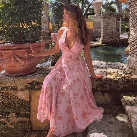 Vestido vacacional de corte A con cintura cruzada y estampado floral