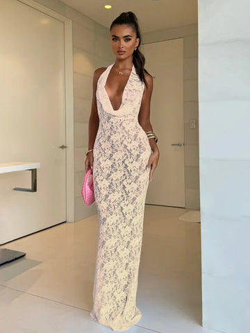 Vestido maxi largo de encaje con perspectiva para vacaciones