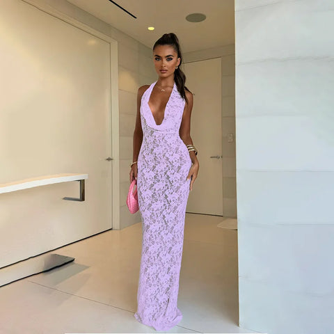 Vestido maxi largo de encaje con perspectiva para vacaciones