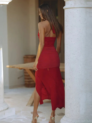 Vestido de vacaciones ajustado plisado con retazos de malla