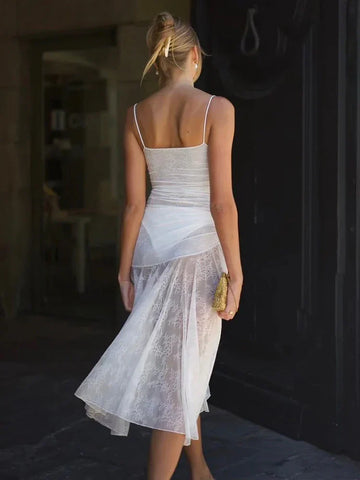 Vestido vacacional largo midi de encaje plisado de corte A