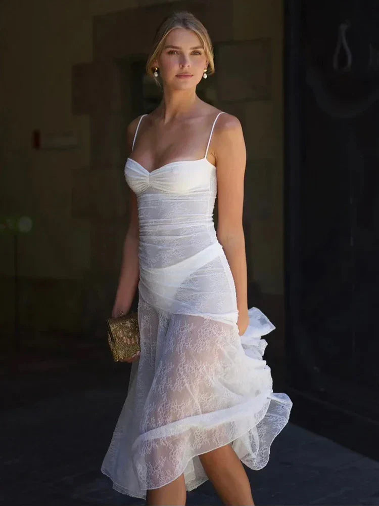 Midi Long Lace Pleated A-line Vacation Dress