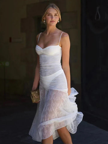 Vestido vacacional largo midi de encaje plisado de corte A