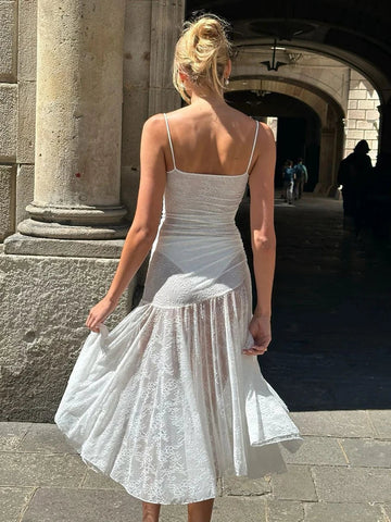 Vestido vacacional largo midi de encaje plisado de corte A