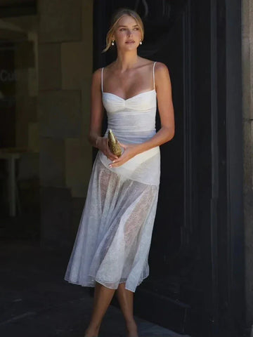 Vestido vacacional largo midi de encaje plisado de corte A