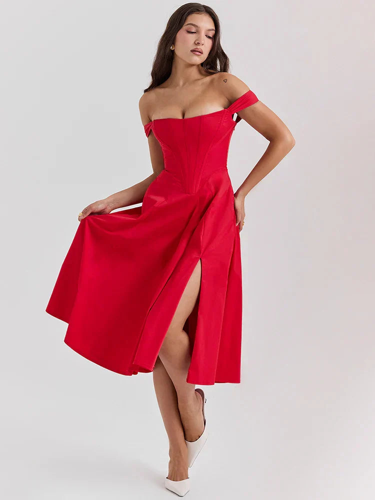 Off Shoulder Midi A-line Vacation Dress