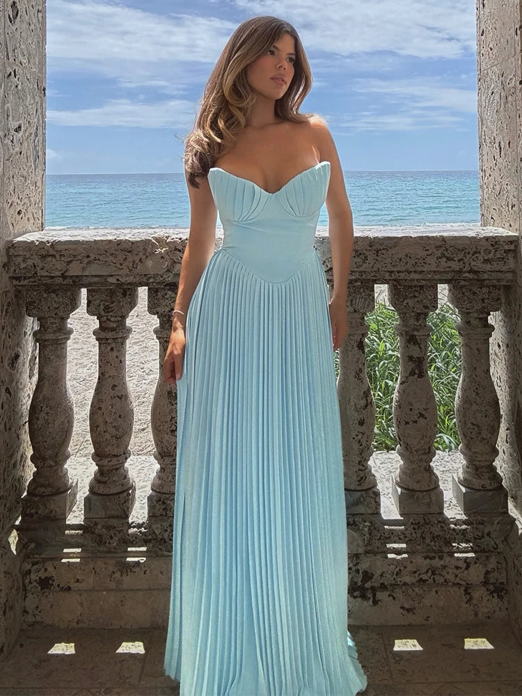 Vestido maxi de vacaciones de corte A con cintura plisada y cruzado