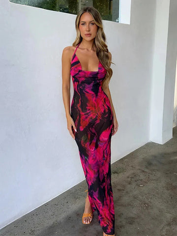 Vestido midi elegante con cuello halter y estampado para vacaciones