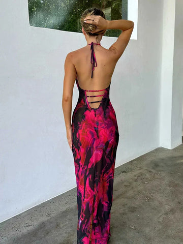 Vestido midi elegante con cuello halter y estampado para vacaciones