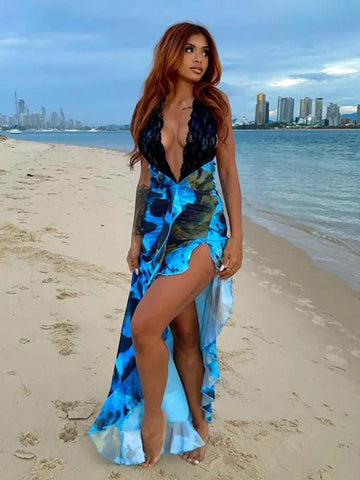 Vestido de vacaciones con cuello halter y retazos de encaje