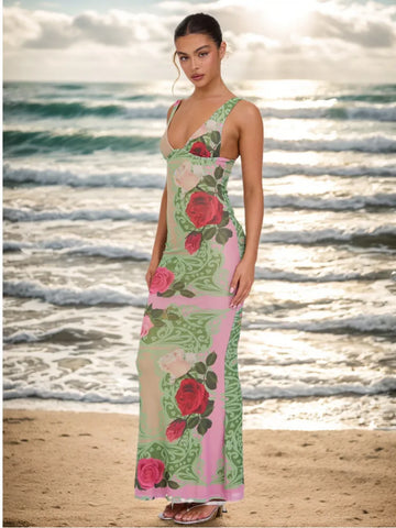 Vestido maxi elegante, ajustado y estampado para vacaciones