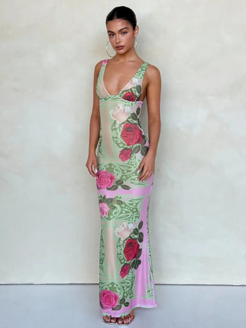 Vestido maxi elegante, ajustado y estampado para vacaciones