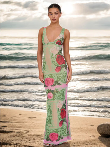 Vestido maxi elegante, ajustado y estampado para vacaciones