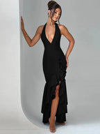 Vestido maxi vacacional asimétrico con volantes