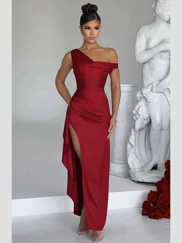 Vestido maxi vacacional asimétrico con volantes