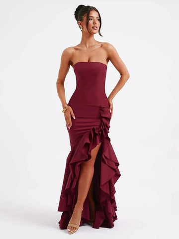 Vestido maxi de vacaciones con volantes y abertura alta