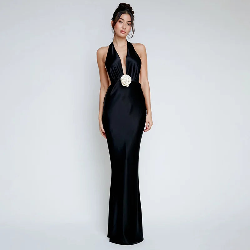 Satin Deep V Neck Vacation Dress
