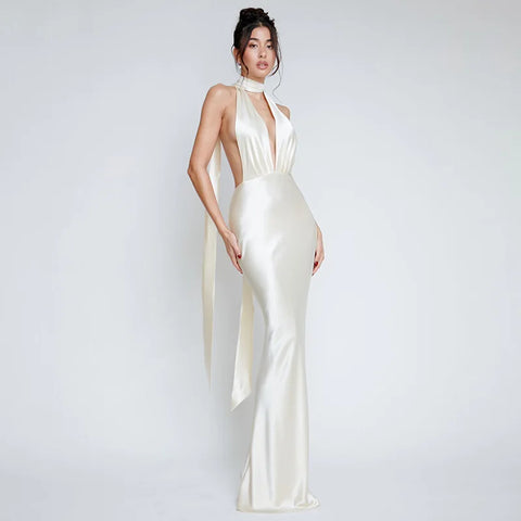 Vestido vacacional de satén con escote en V profundo