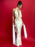 Satin Deep V Neck Vacation Dress